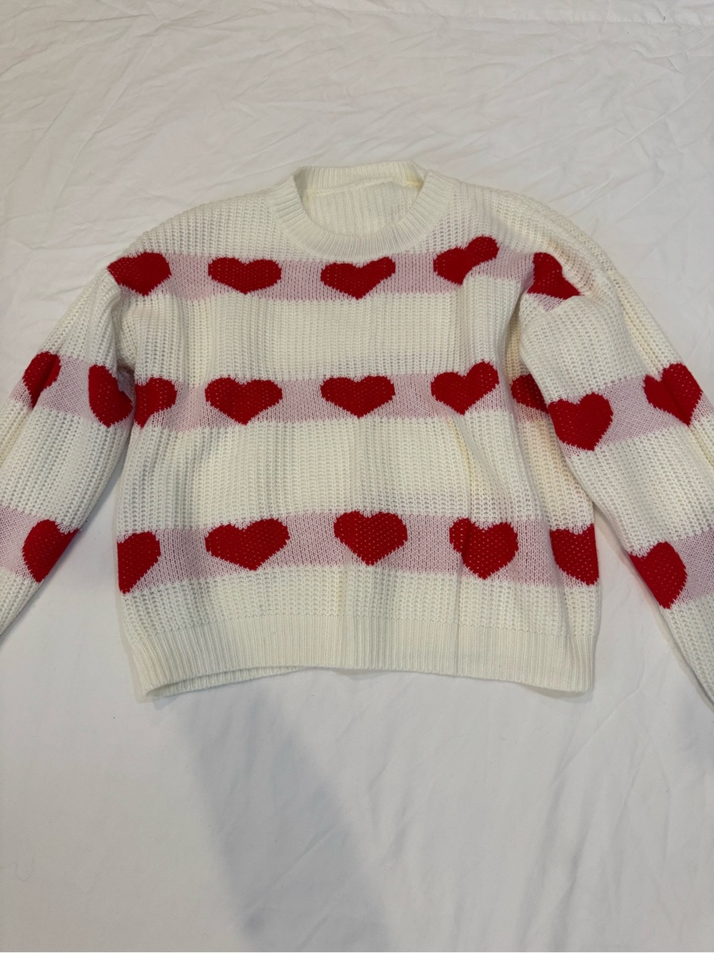 Women’s Cream Knit Sweater with Red Heart Stripe